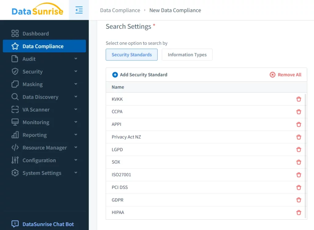 DataSunrise platform allows you to choose from many major data compliance regulations
