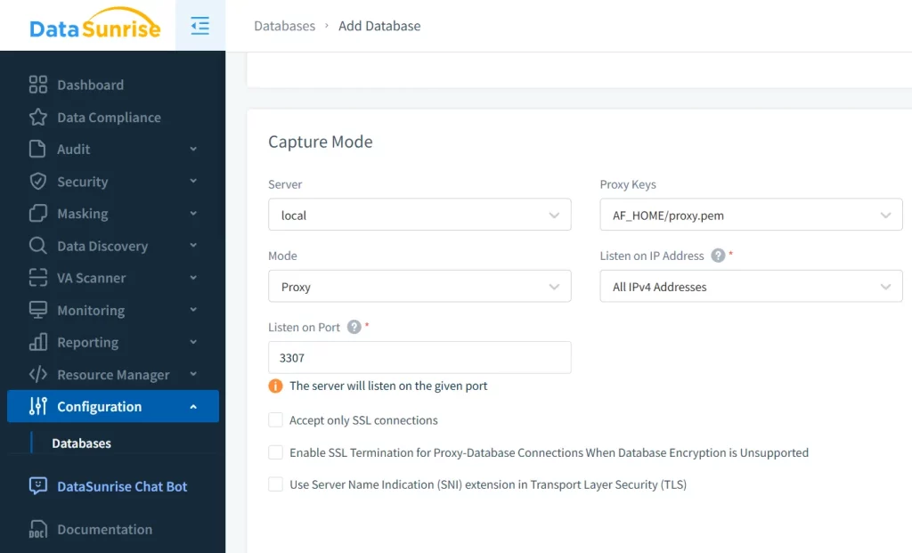 MySQL Proxy Connection Modes in DataSunrise Interface