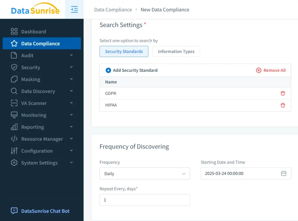 Finally, specify desired security standards and frequency of discovering, then click