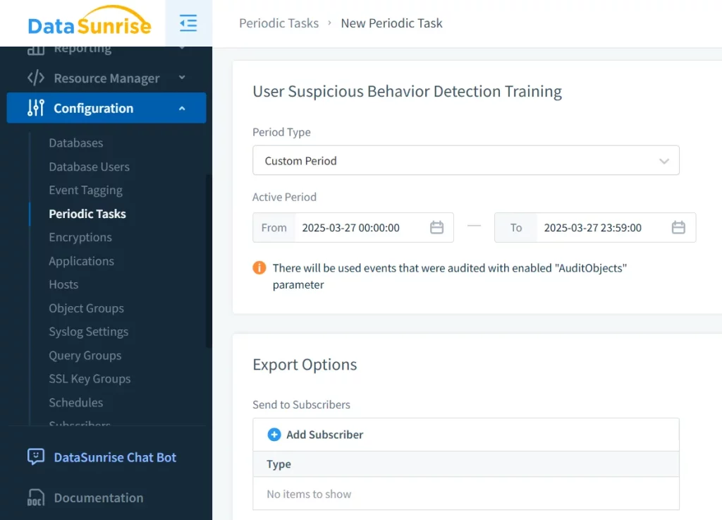 DataSunrise User Behavior Detection Configuration Screen has many various settings to adjust your UEBA experience
