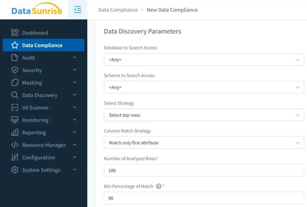 DataSunrise’s Data Compliance panel showing configurable parameters for sensitive data discovery across databases, including search scope, strategy, and match thresholds