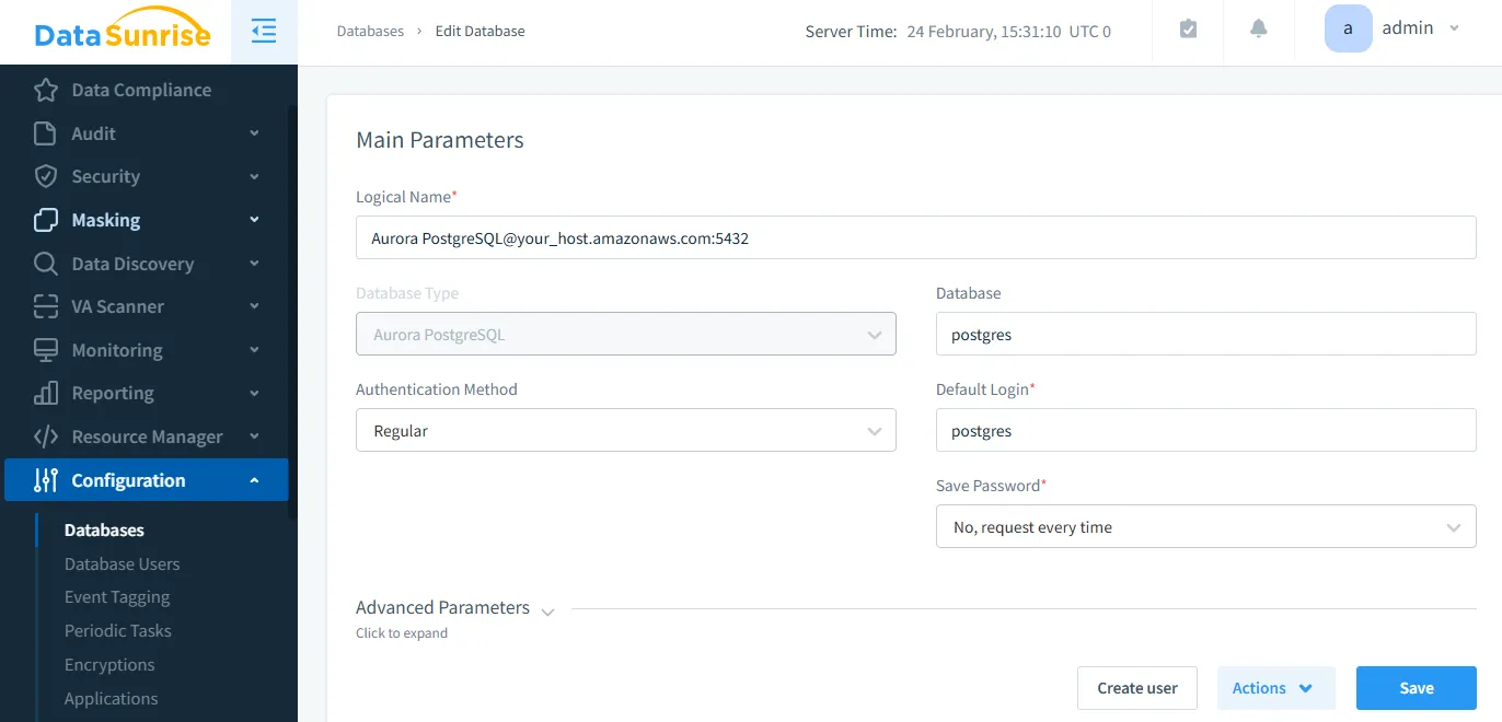 How to Audit Aurora PostgreSQL - Database connection settings for Aurora PostgreSQL in DataSunrise