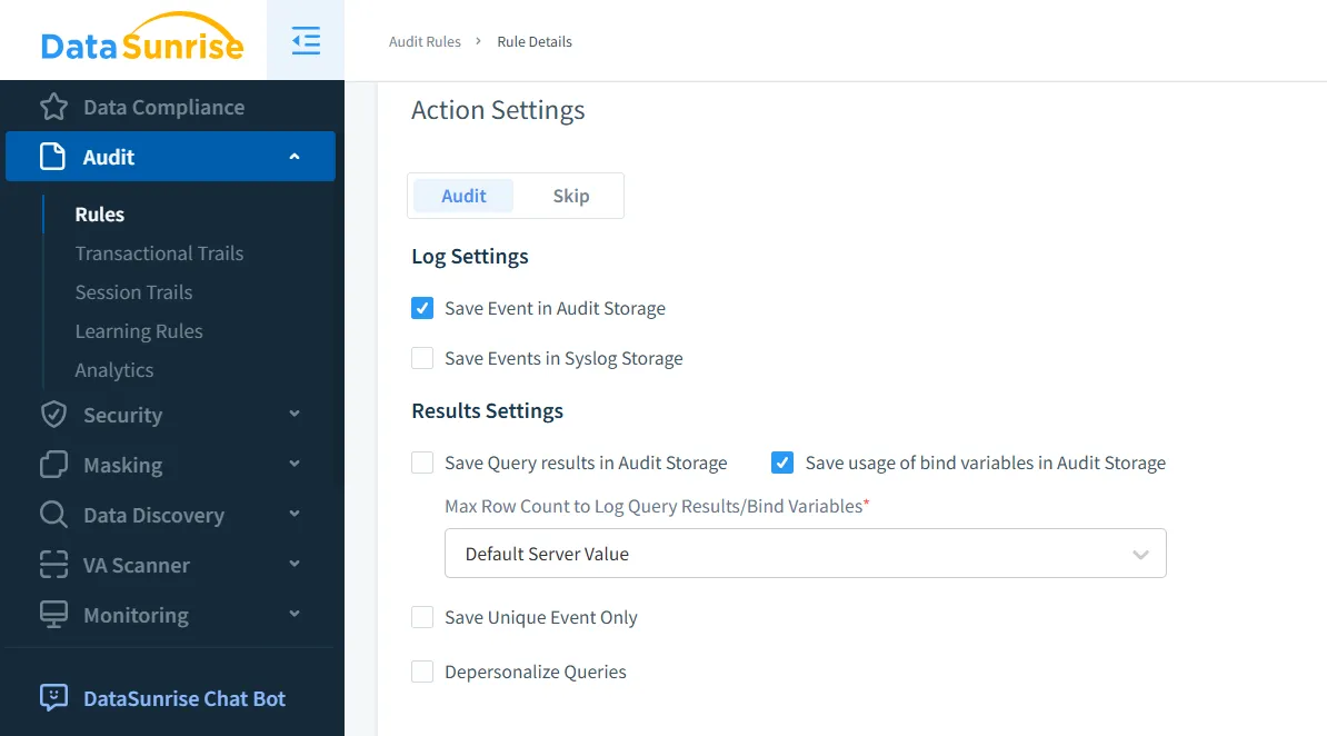 Audit rule settings in DataSunrise including bind variable logging and storage options