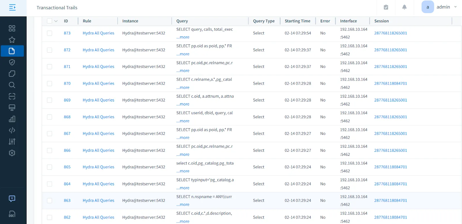 Audit trail of session events and SQL queries collected by DataSunrise from Hydra PostgreSQL