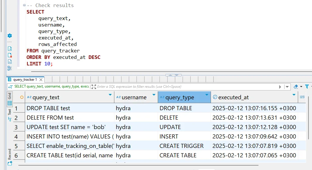Hydra Data Activity History - Query tracker view showing recent DML and DDL operations including executed time, query type, and user