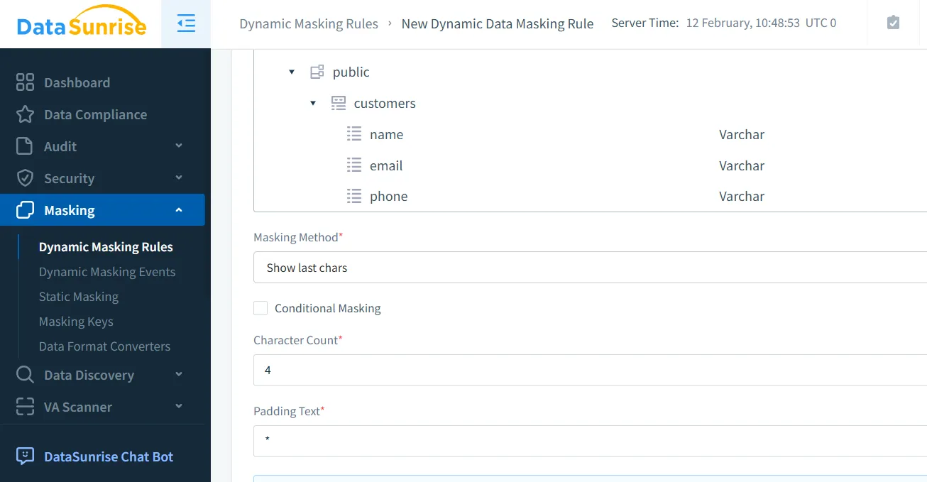 Hydra Data Activity History - Dynamic data masking rule configured in DataSunrise to reveal only the last four characters of sensitive fields