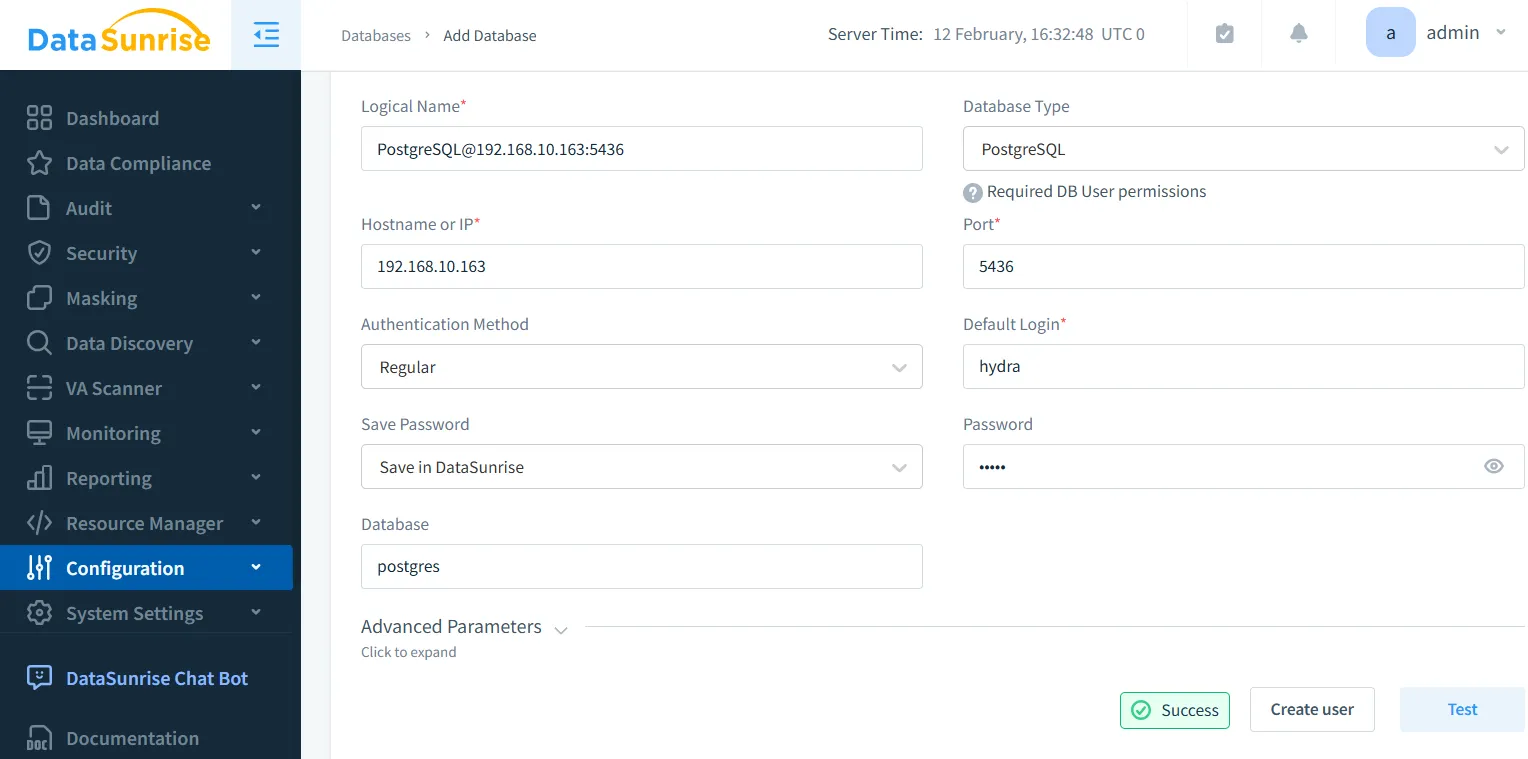 Hydra Data Audit Trail - PostgreSQL instance successfully connected in DataSunrise with user credentials and configuration