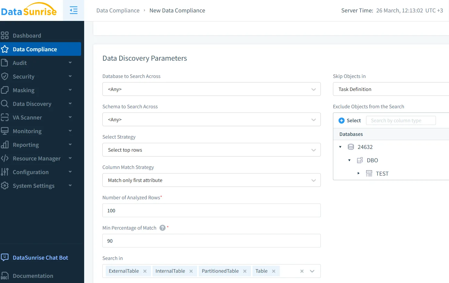 Microsoft SQL Server Compliance Management - Data Discovery Parameters for SQL Server