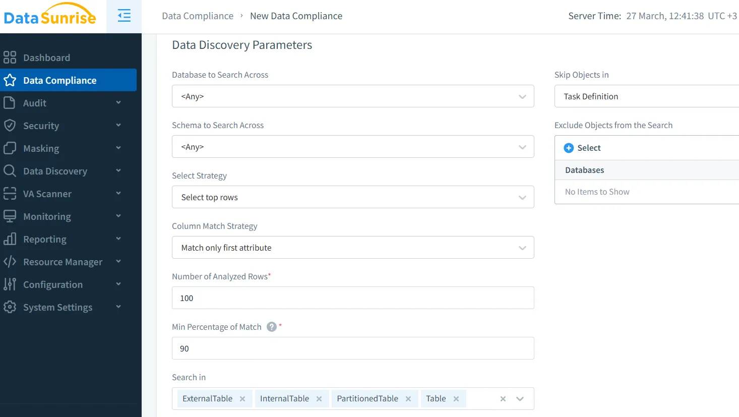 Microsoft SQL Server Data Compliance Automation - Data Discovery Parameters