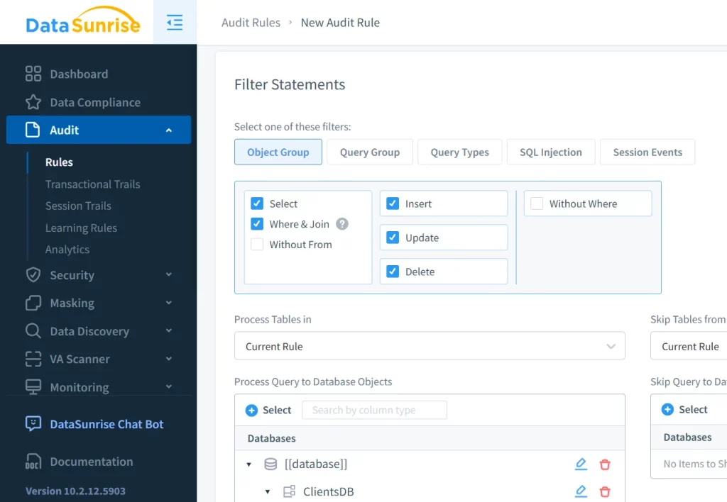 DataSunrise audit rule builder for MySQL