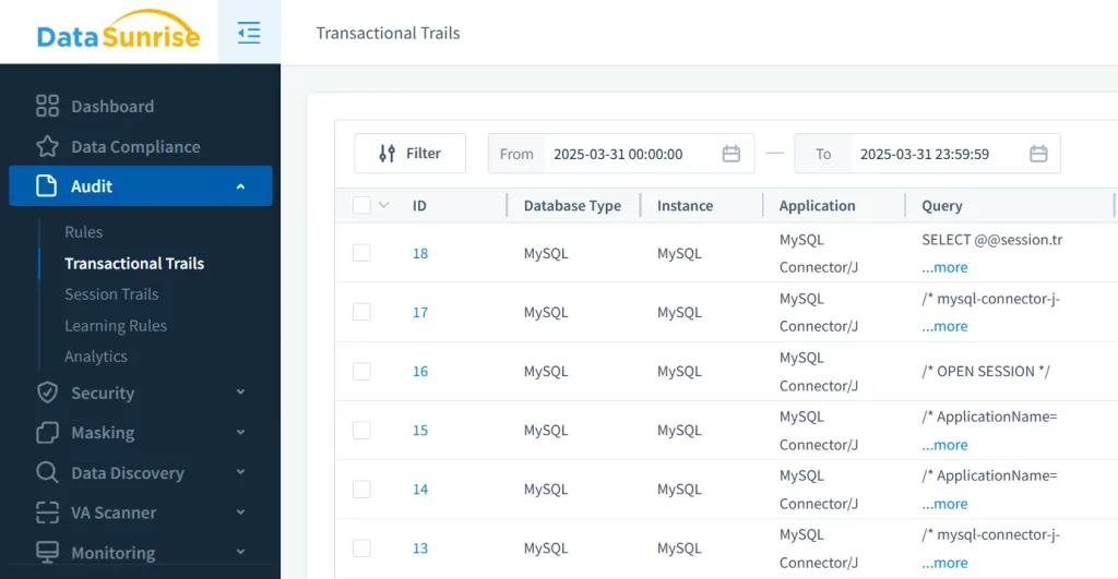 MySQL transactional audit trail in DataSunrise