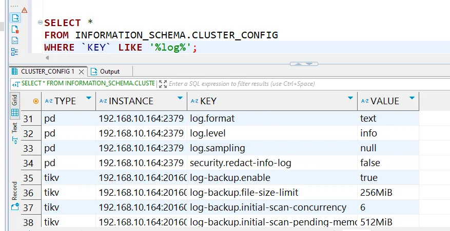 TiDB Audit Log - Cluster configuration query showing log-related keys from INFORMATION_SCHEMA.CLUSTER_CONFIG
