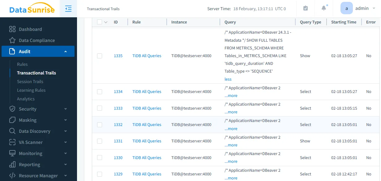 TiDB Audit Log - Transactional trails from DataSunrise for SHOW, SELECT, and SET commands on TiDB