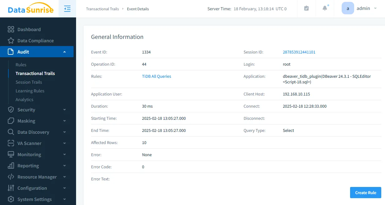 TiDB Audit Log - Event details from DataSunrise audit showing execution time, affected rows, and application metadata