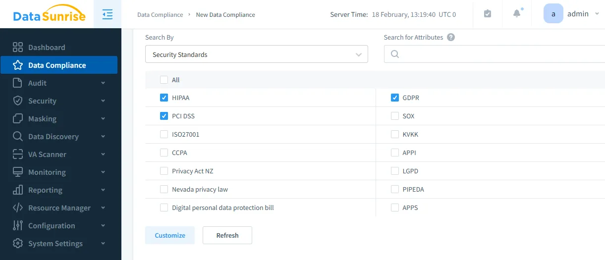 TiDB Audit Log - Compliance standards including HIPAA, PCI DSS, and GDPR selected for TiDB discovery task