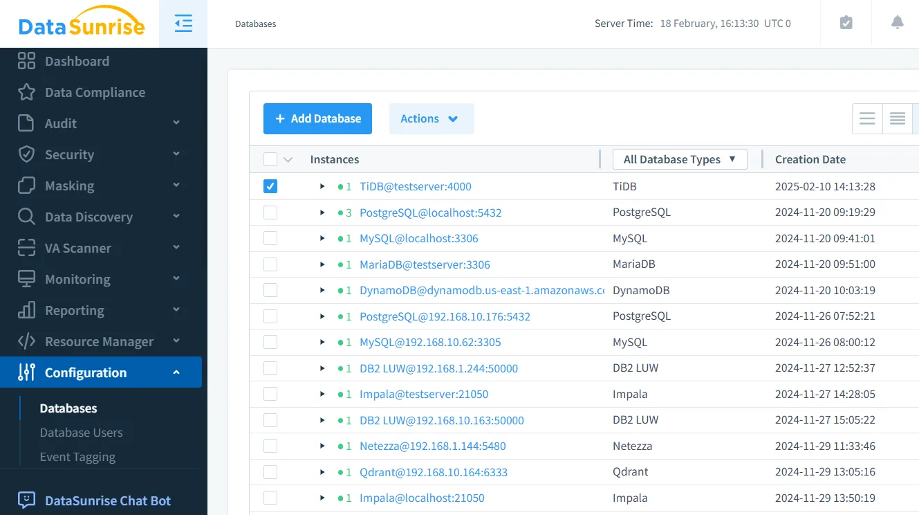 TiDB Audit Tools - Registered database list showing TiDB and other databases with connection status