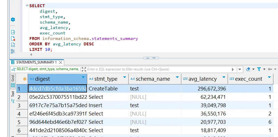 TiDB Audit Trail - Identifying high-latency SQL statements by querying the statement summary table in descending order