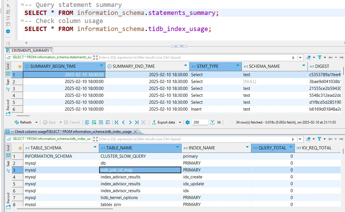 TiDB Audit Trail - Displaying execution summaries and checking index usage via statements_summary and tidb_index_usage views