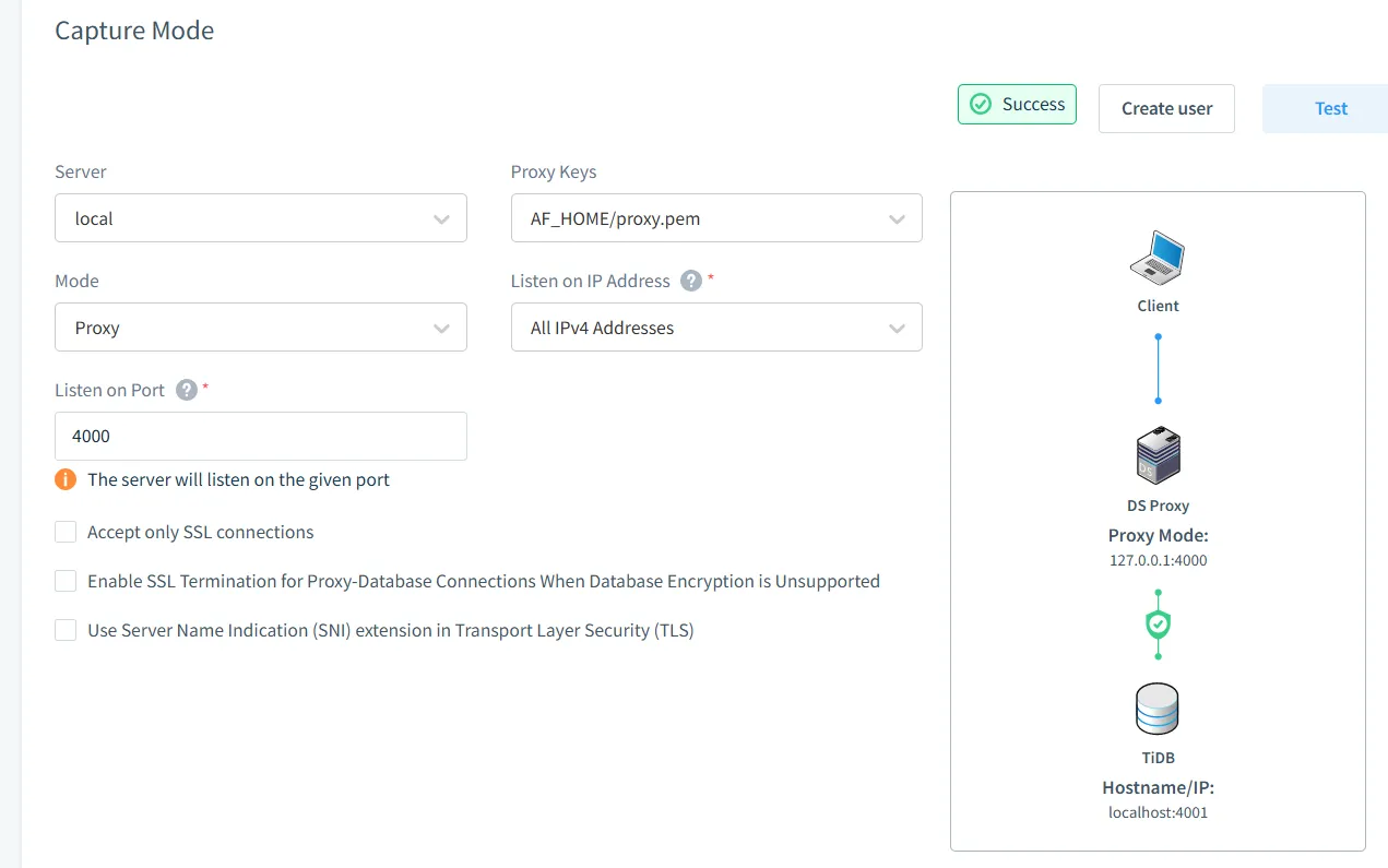 TiDB Audit Trail - Configuring capture mode with proxy listener and port routing in DataSunrise for TiDB traffic monitoring