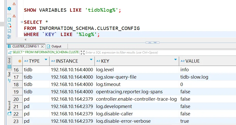 TiDB Audit Trail - Configuration settings for cluster logging and slow query thresholds