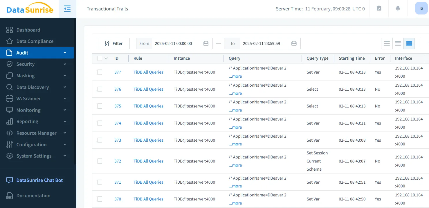 TiDB Audit Trail - DataSunrise transactional trail showing recent audited SQL statements