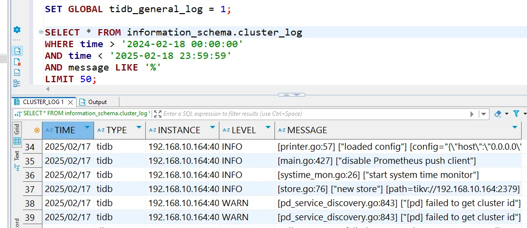 TiDB Audit - Querying cluster_log table to review historical cluster logs via SQL