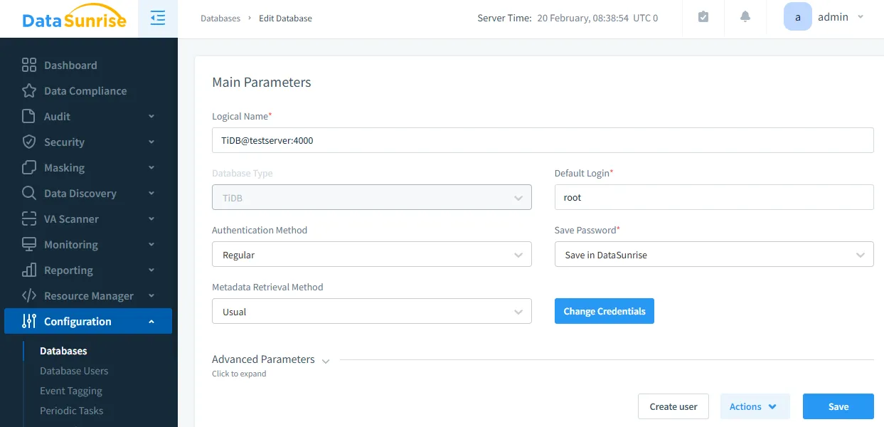 TiDB Audit - Configuring TiDB database connection in DataSunrise with login credentials