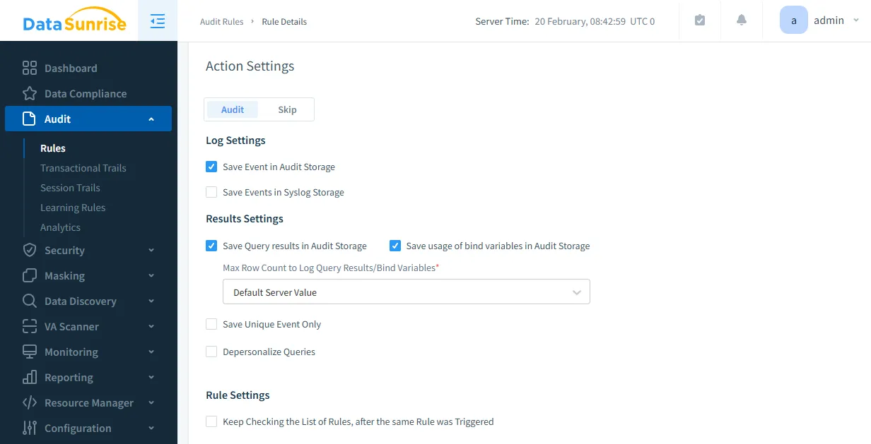 TiDB Audit - Audit rule settings in DataSunrise with bind variable tracking
