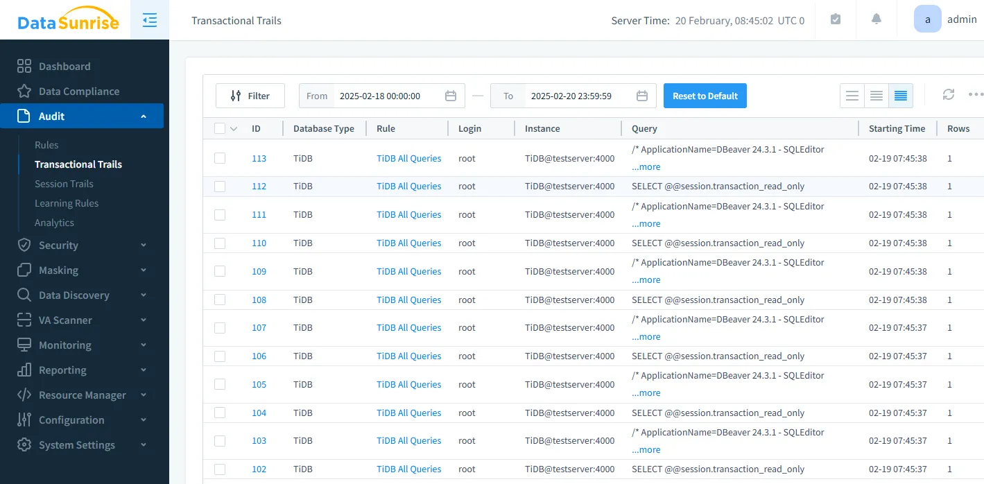TiDB Audit - Transactional trail showing captured queries and user session data