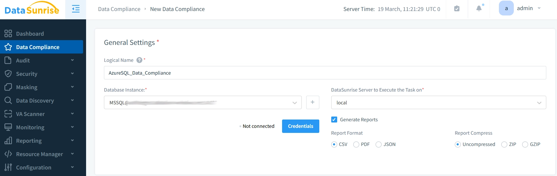 Compliance Set-Up in DataSunrise Interface for Azure SQL
