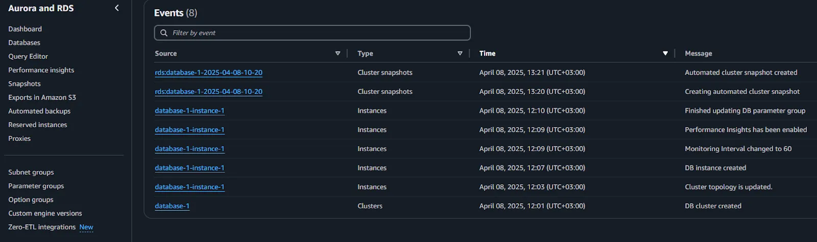 Amazon Aurora MySQL Audit Log - RDS event log panel displaying key cluster and instance operations such as snapshots, configuration changes, and performance monitoring updates