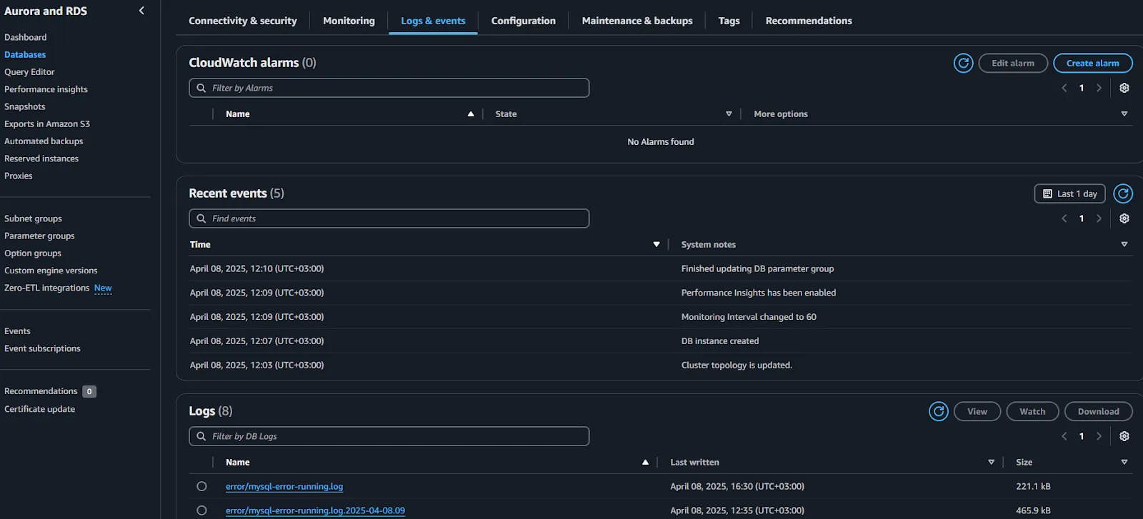 Amazon Aurora MySQL Audit Tools - AWS RDS Logs & Events console showing recent Aurora database activity, error logs, and event summaries