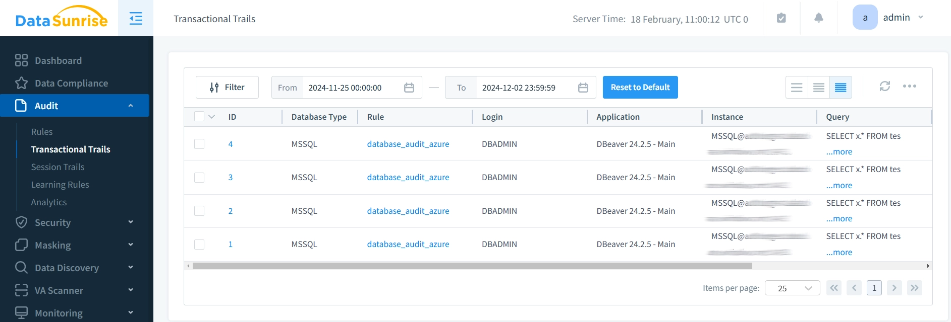 DataSunrise Audit Trails Dashboard Displaying Database Activity Logs