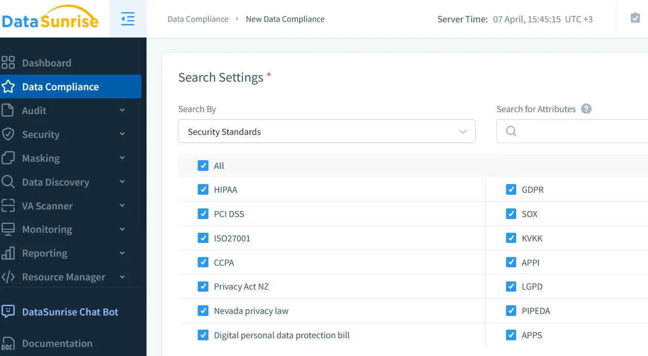 Data Audit for Amazon Athena - Selecting security standards and attributes during the compliance rule setup phase in DataSunrise