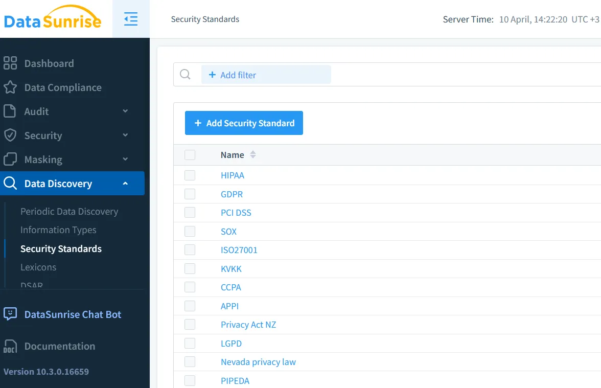 Microsoft SQL Server Audit Log - Security standards registered in DataSunrise for compliance mapping including HIPAA, GDPR, PCI DSS, and others
