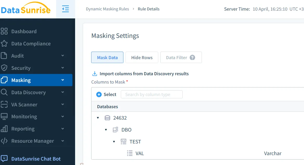 Microsoft SQL Server Audit Tools - Selecting database columns for dynamic data masking rule setup in DataSunrise for MSSQL server