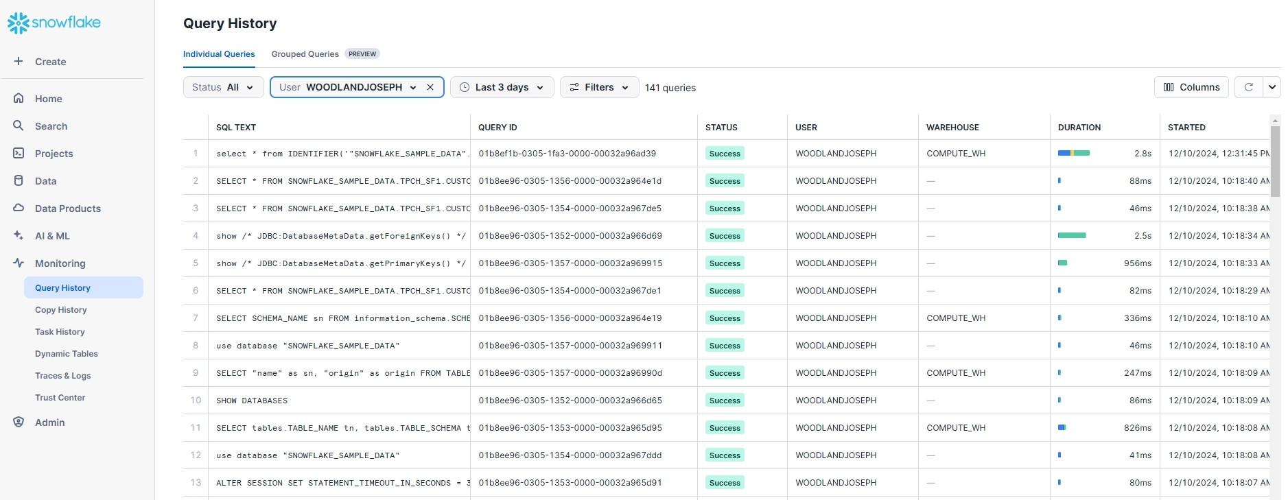 Snowflake Audit Log - Snowflake Web Interface Full Query History View