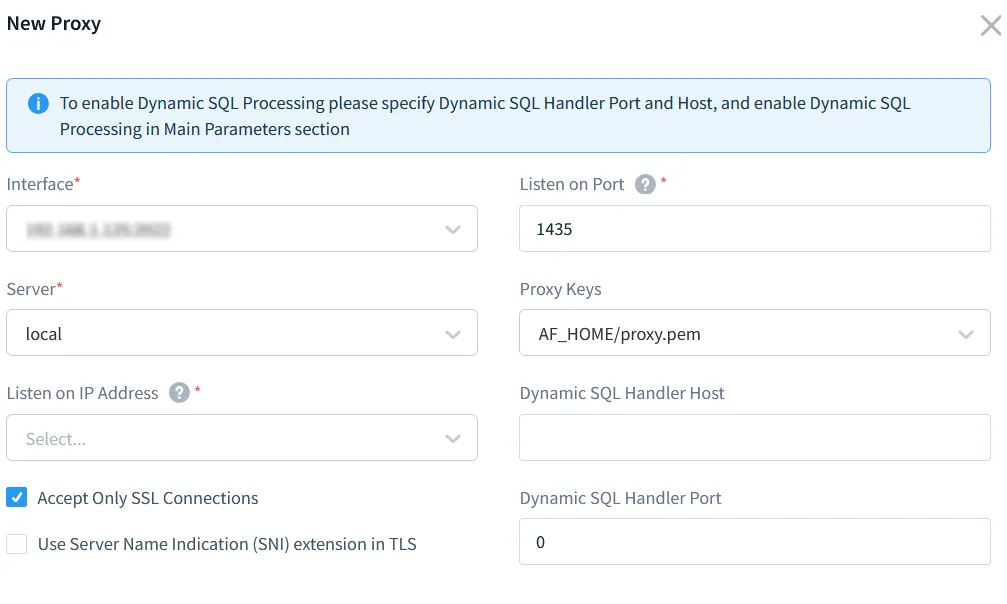 What Is Microsoft SQL Server Audit Trail - Proxy configuration interface in DataSunrise for inspecting dynamic SQL queries from SQL Server traffic