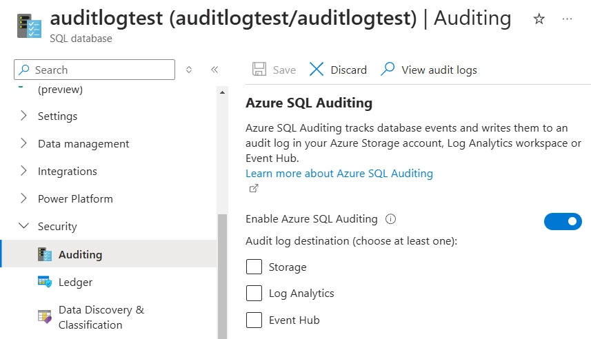 Azure SQL Audit Configuration Web UI