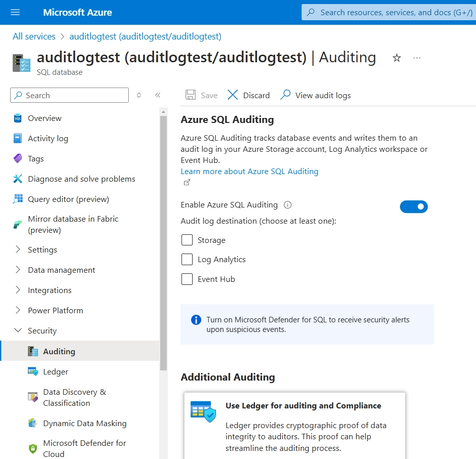 Enabling Audit in AzureSQL Web UI