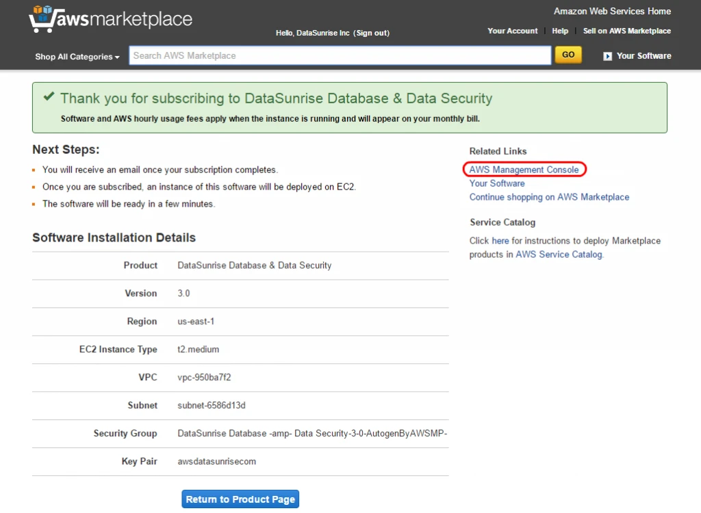 Subscription complete screen in AWS Marketplace