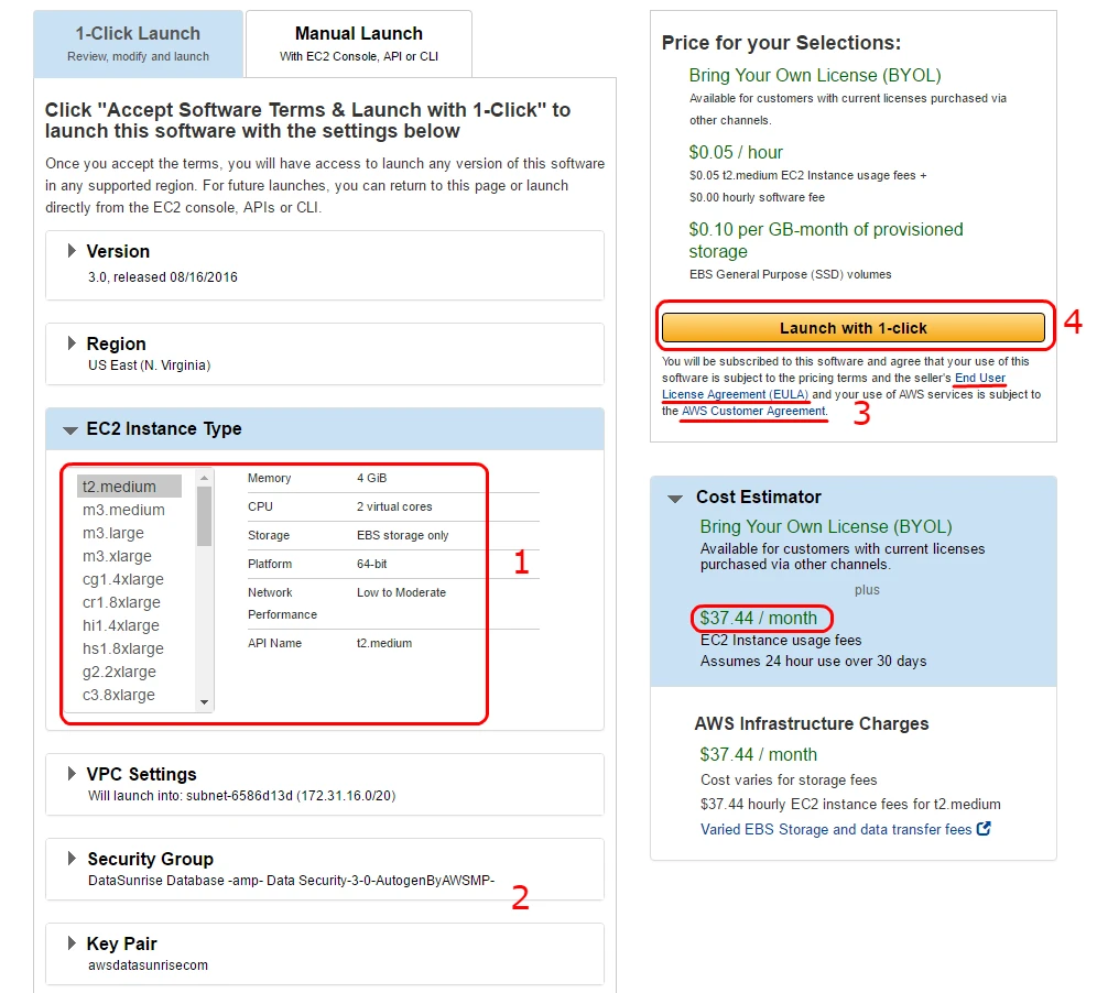 Configuring 1-Click launch settings for the EC2 instance