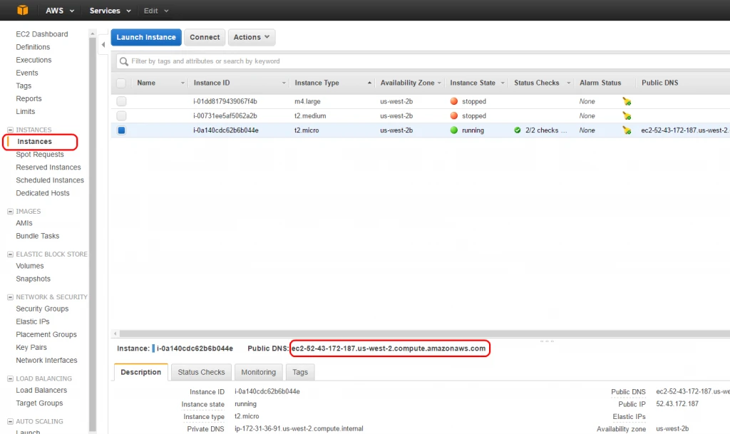 EC2 Dashboard showing the running DataSunrise instance