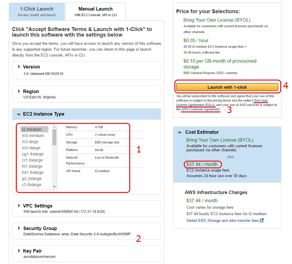 EC2-Instanzparameter für DataSunrise festlegen