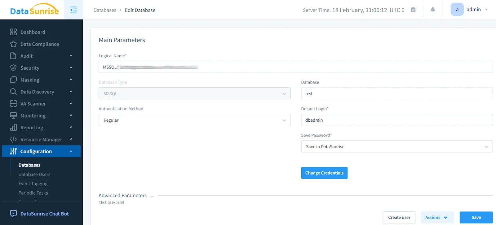 Azure Cloud Storage Data Audit Trail - Screenshot of DataSunrise interface showing database configuration and user credential management options.
