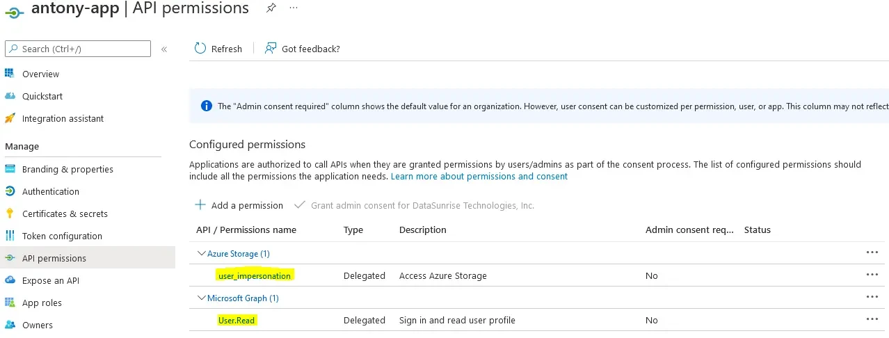Azure API-Berechtigungen – user_impersonation
