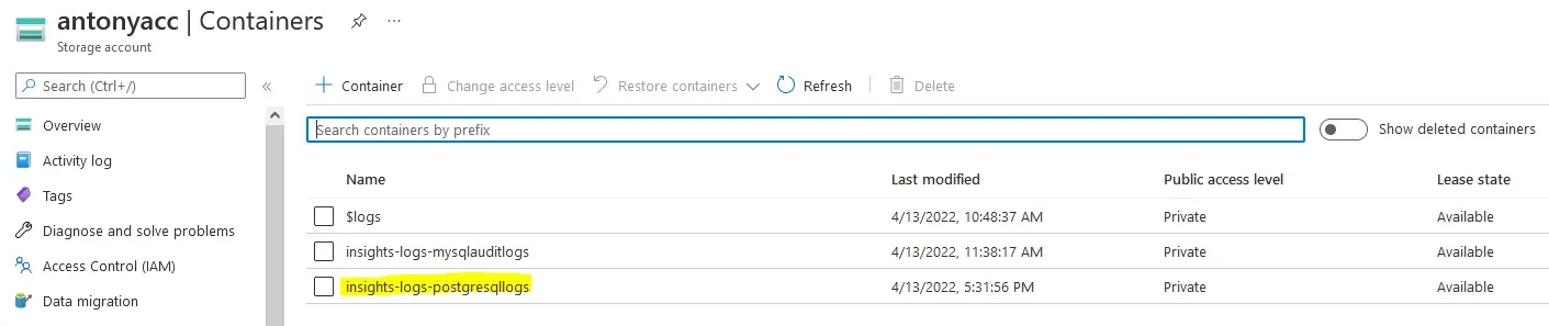 Azure Speicherkonto – Liste der Blob-Container