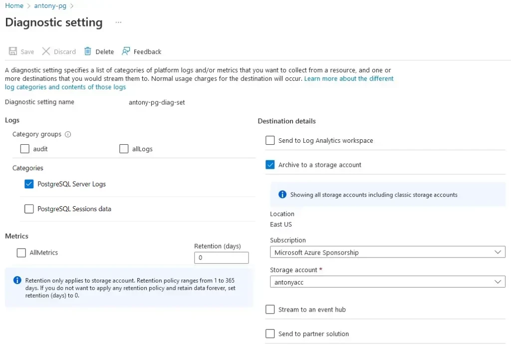 Azure PostgreSQL – Diagnostikeinstellung