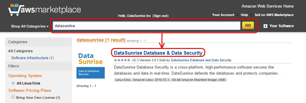 Searching for “datasunrise” in AWS Marketplace