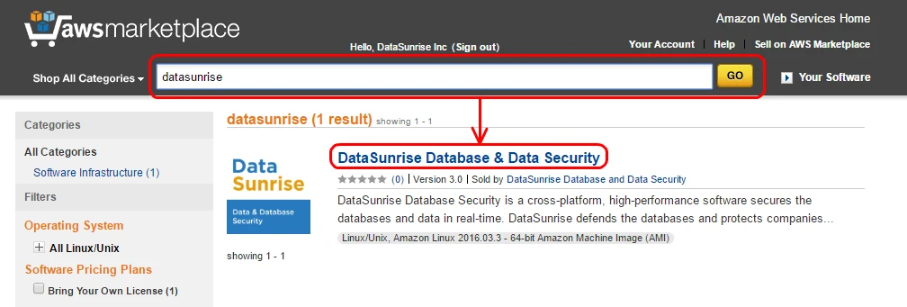 AWS Marketplace – DataSunrise Database & Data Security finden
